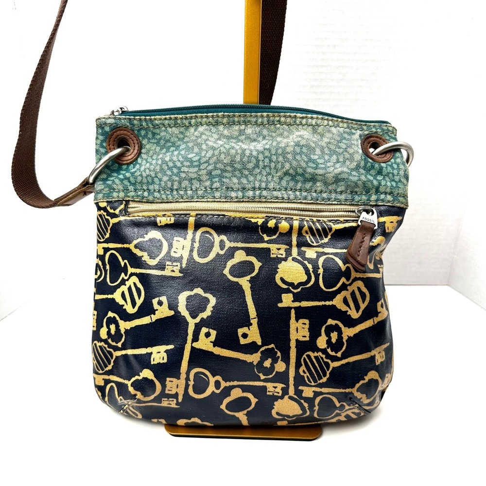 Fossil Key-Per Crossbody Bag Navy Gold Skeleton Key Print Small Purse - Picture 2 of 12